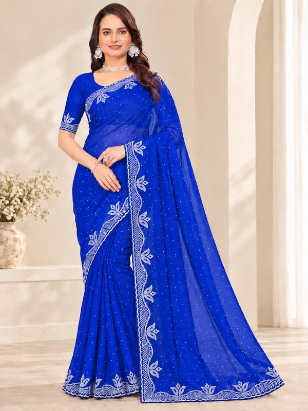 Royal Blue Stone Work Georgette Saree with Embroidered Lace Border