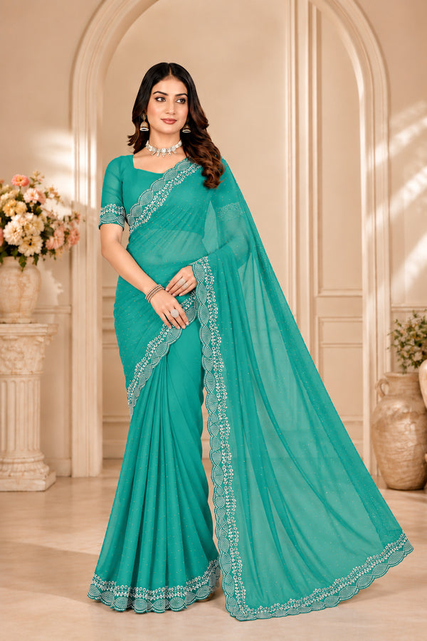 Sea Green Stone Work Georgette Saree with Embroidered Lace Border