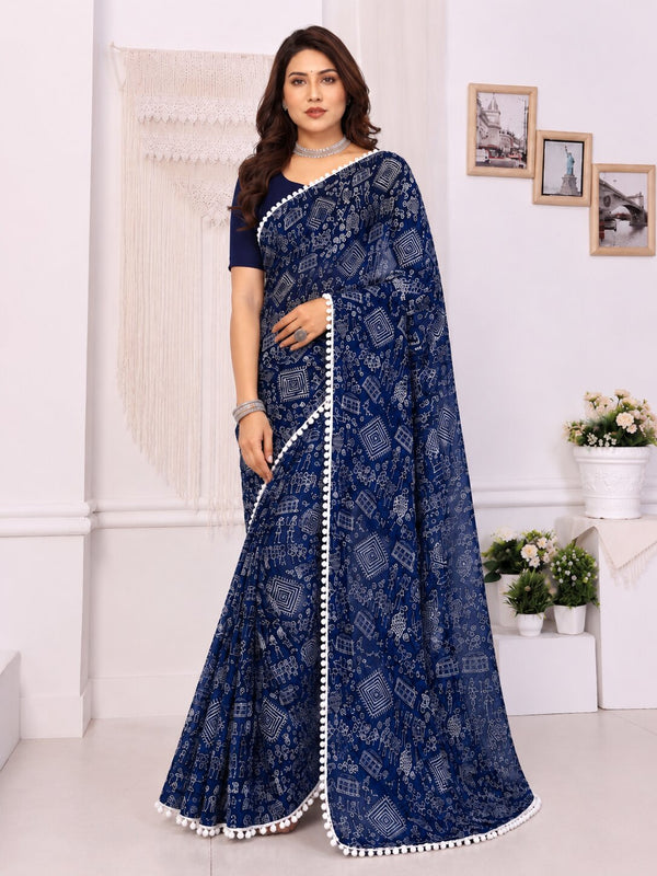 Navy Blue Tribal Print Saree with White Pom-Pom Lace Border