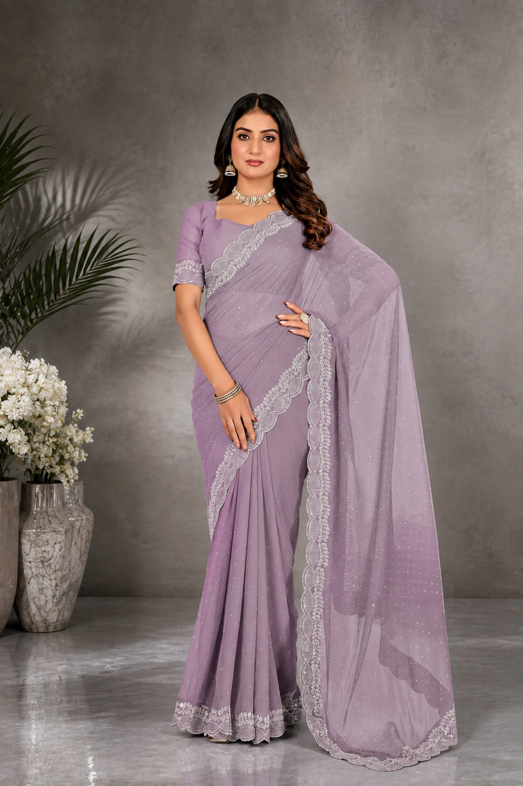 Levender Saree with Embellished Lace Border & Pearl-Like Detailing