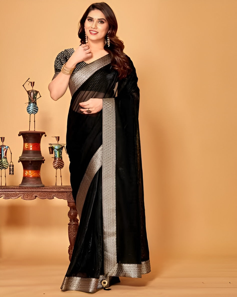 Black Shimmer Lycra Saree with Golden Woven Border