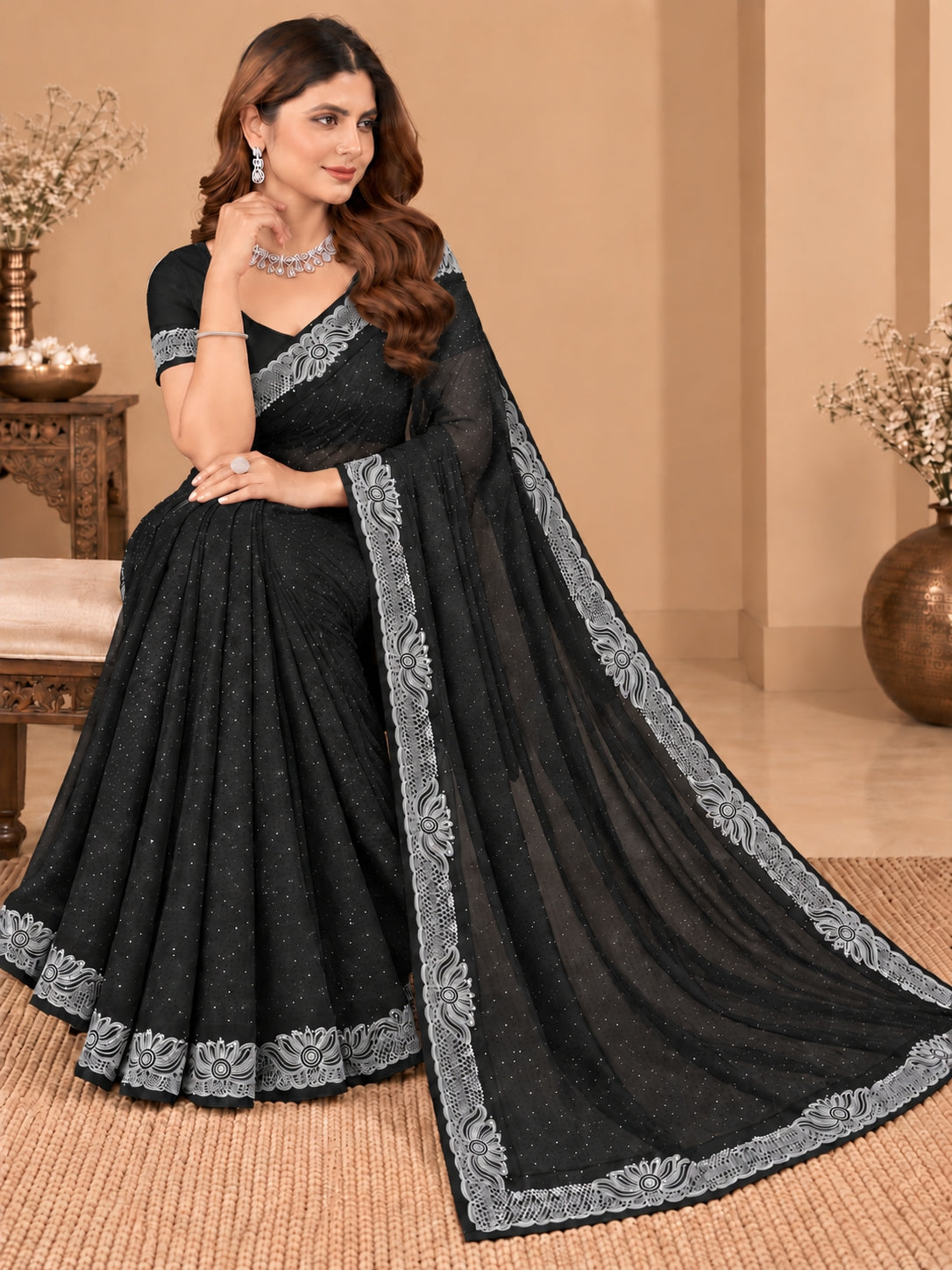 Women's Black Stone Work Saree with Floral Lace Border