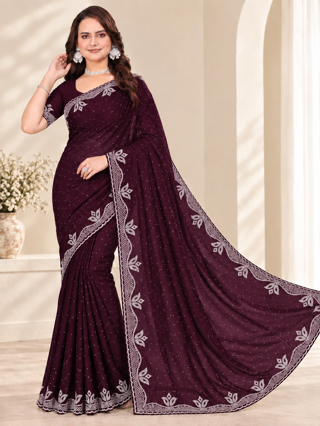 Purple Stone Work Georgette Saree with Embroidered Lace Border