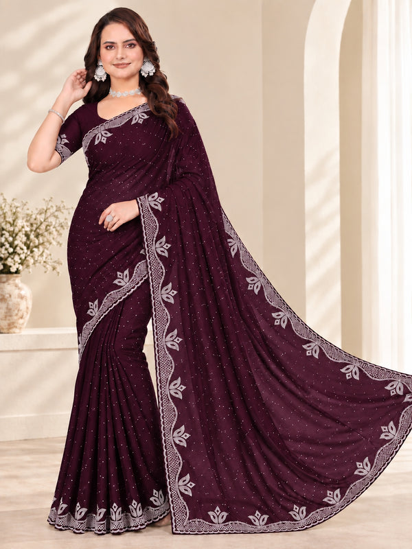 Purple Stone Work Georgette Saree with Embroidered Lace Border