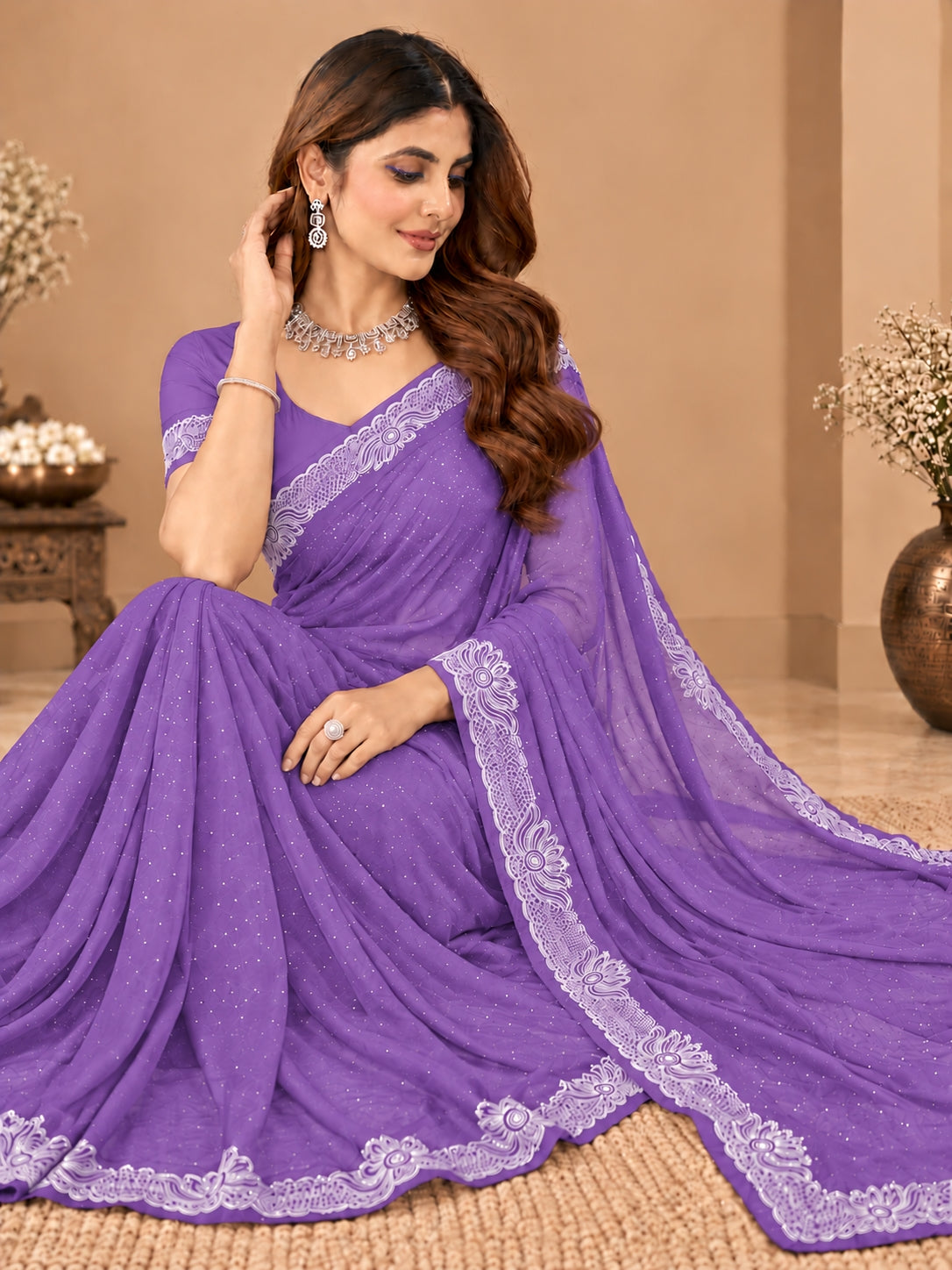 Women's Lavender Stone Work Saree with Floral Lace Border