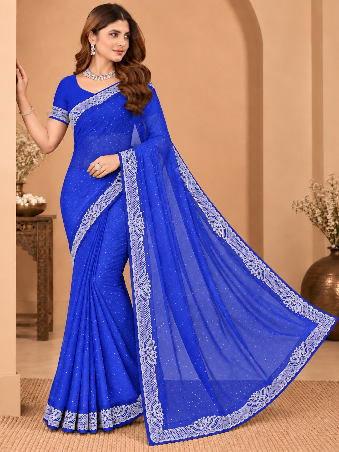 Women's Royal blue Stone Work Saree with Floral Lace Border