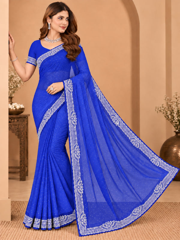 Women's Royal blue Stone Work Saree with Floral Lace Border