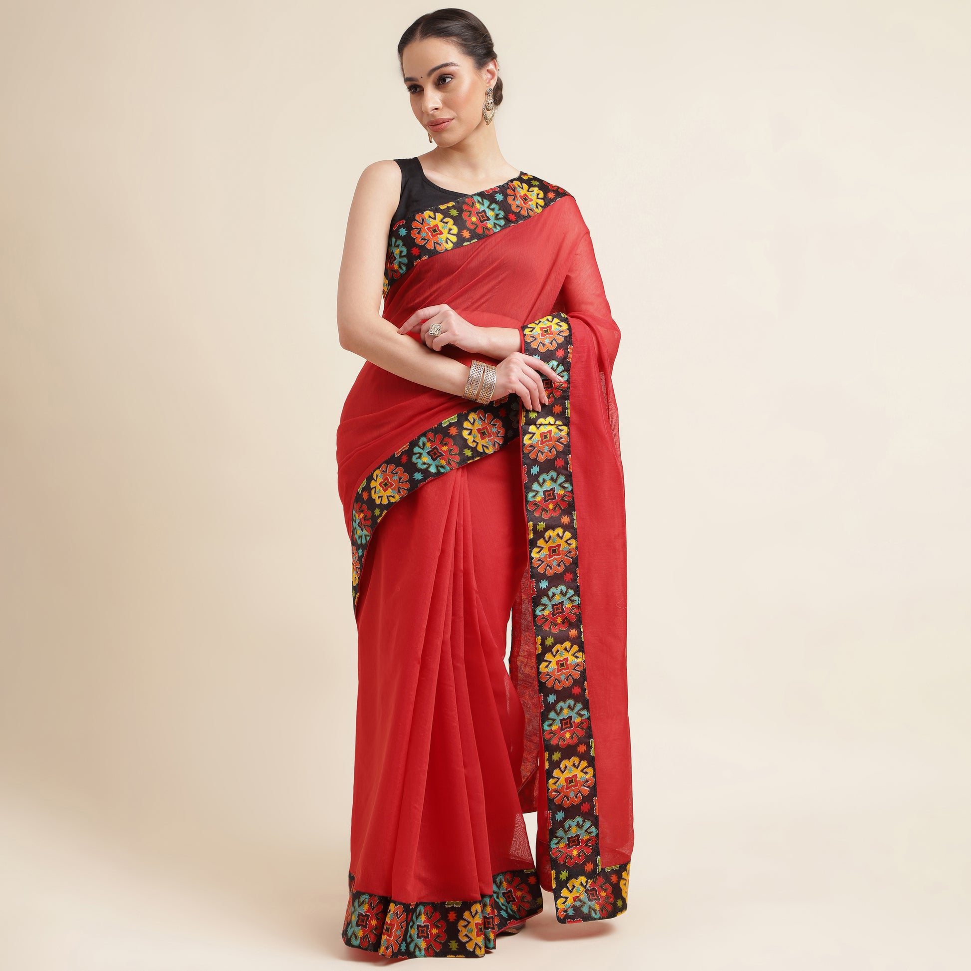 Chanderi Cottton Red Lace border Saree With blouse