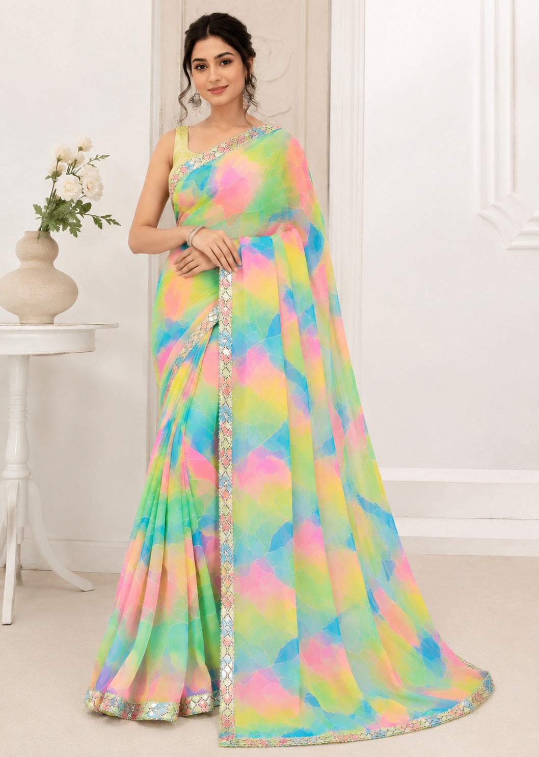 Pastel Multicolor Abstract Printed Saree with Designer Lace Border