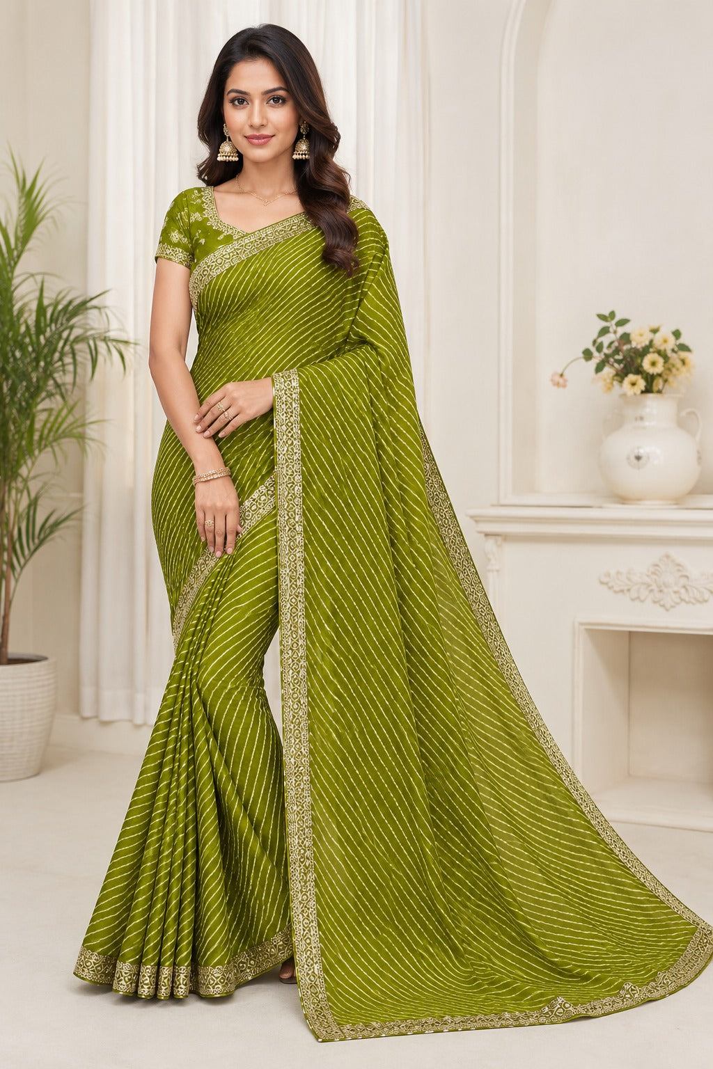 Olive Green Printed Saree with Designer Border