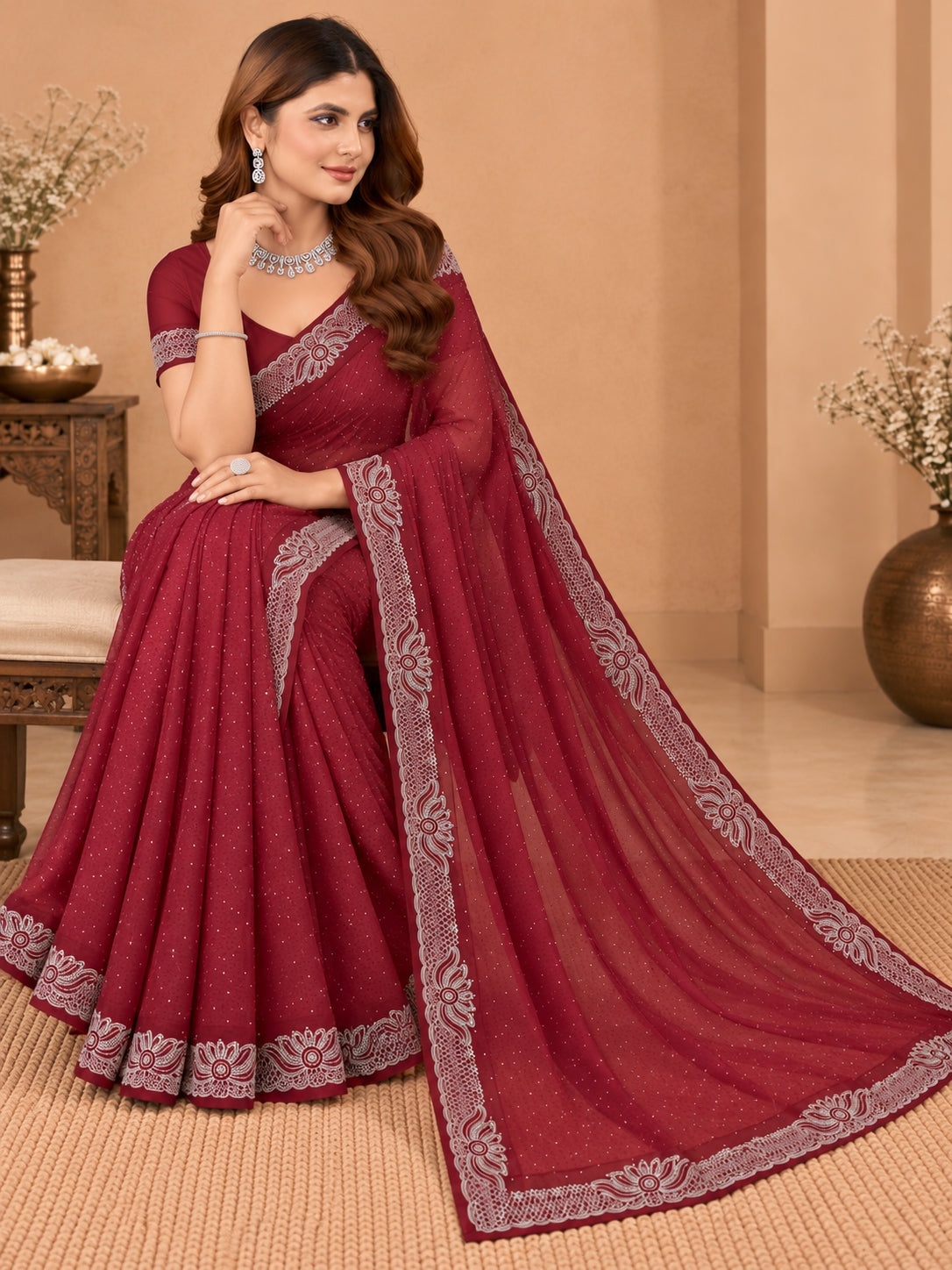 Women's Maroon Hotfix Stone Work Saree with Floral Lace Border
