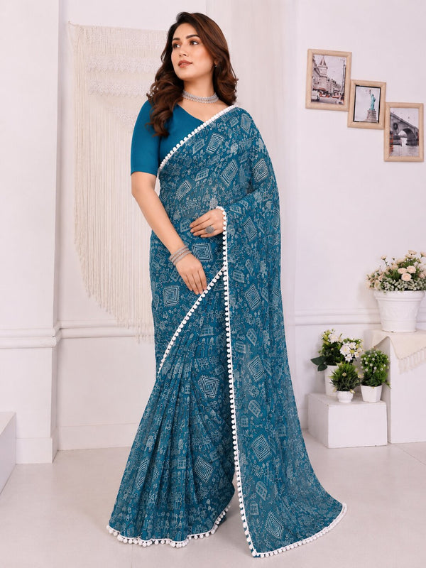 Teal Tribal Print Saree with White Pom-Pom Lace Border