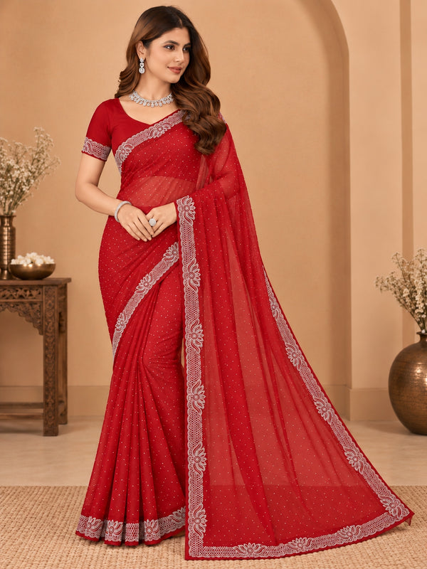 Women's Red Stone Work Saree with Floral Lace Border