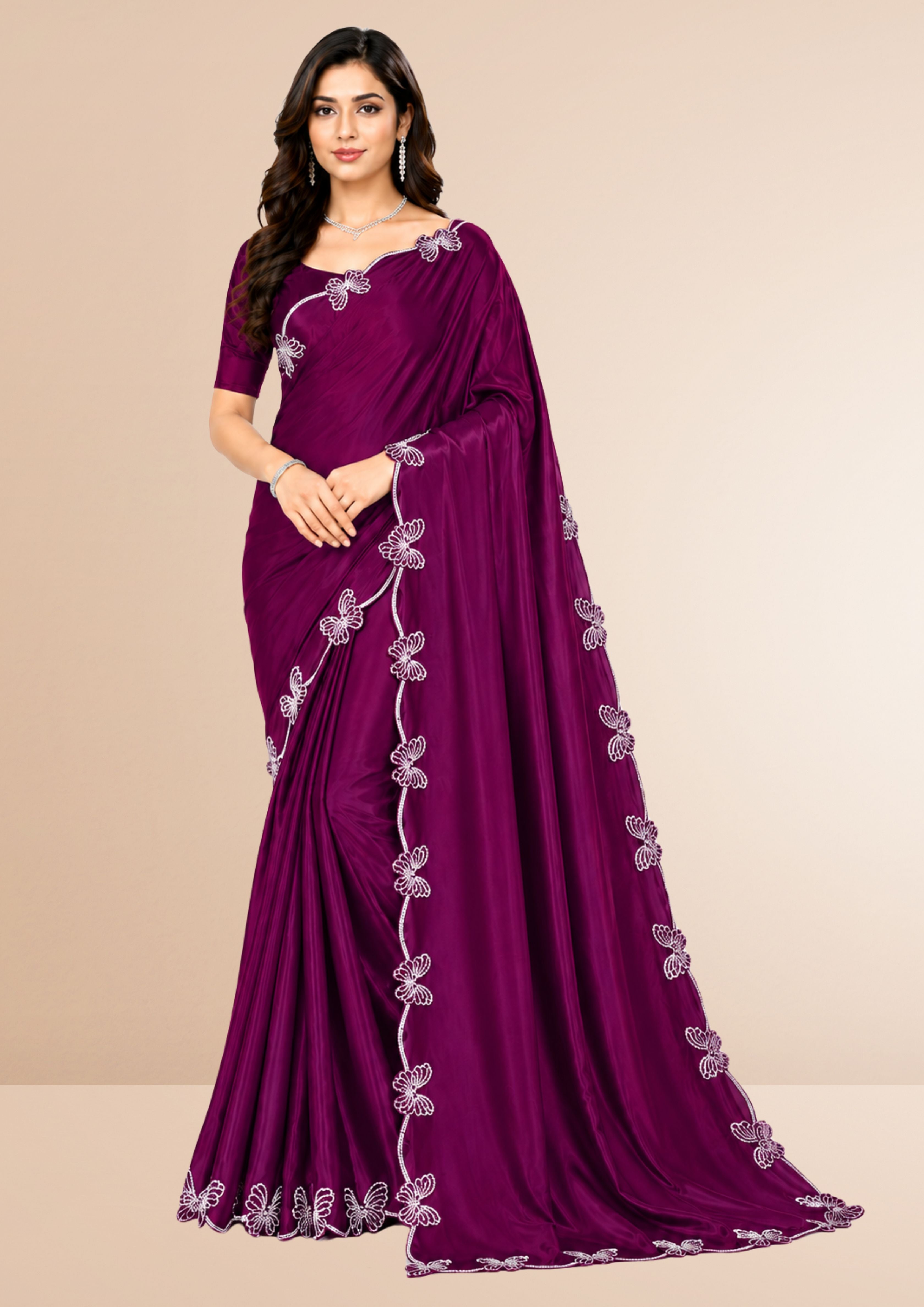 Wine Butterfly Swarovski Stone Work Saree