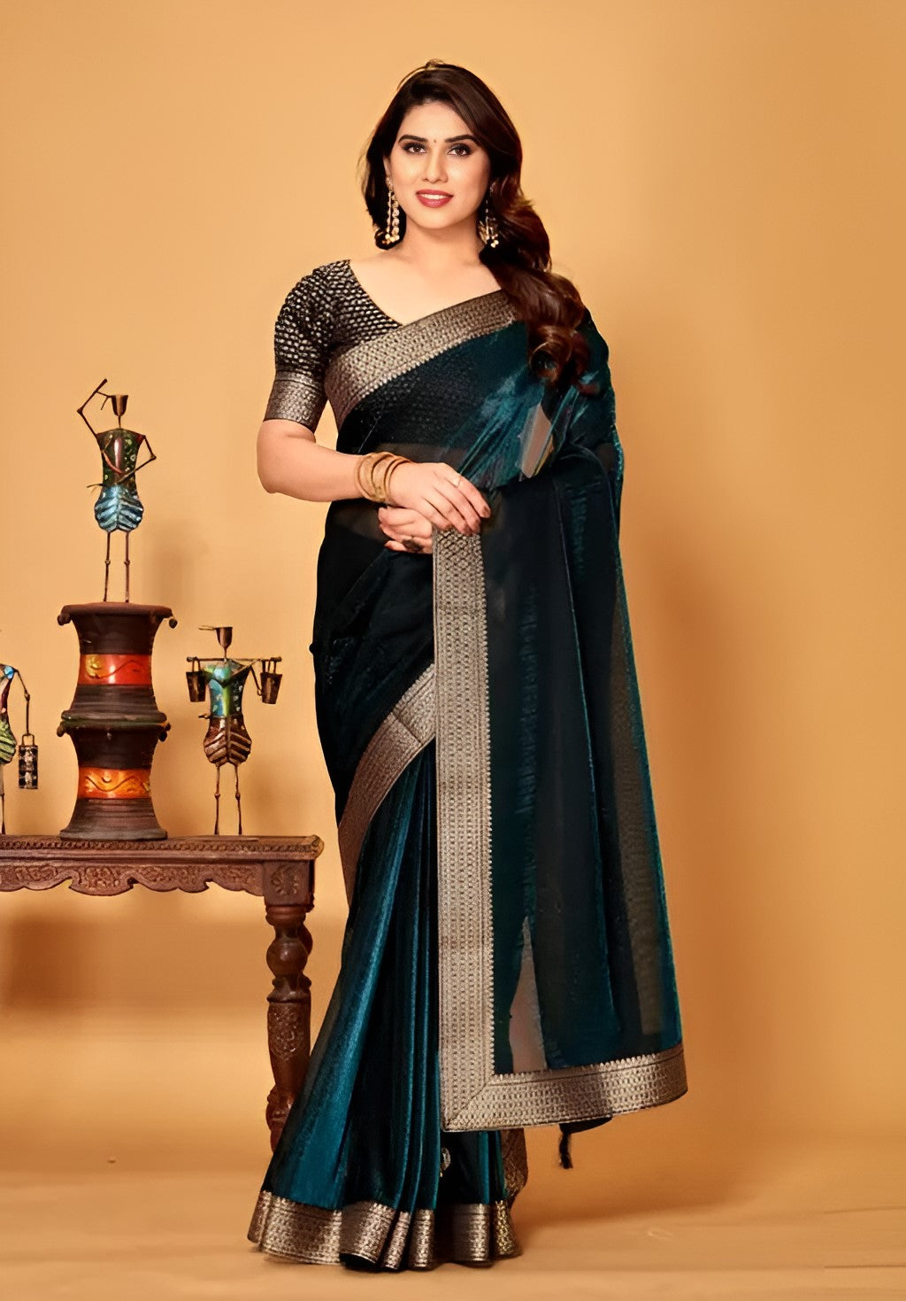 Bottle Green Shimmer Lycra Saree with Golden Woven Border