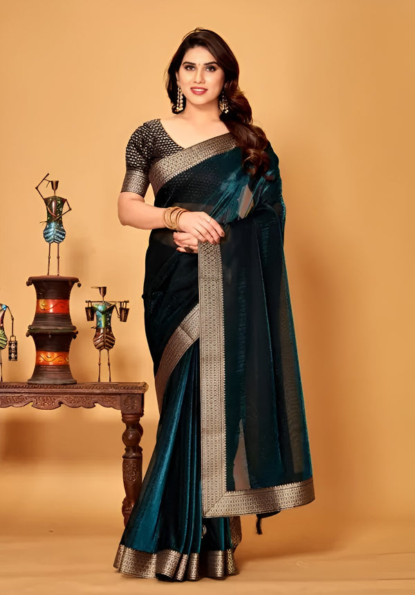 Bottle Green Shimmer Lycra Saree with Golden Woven Border
