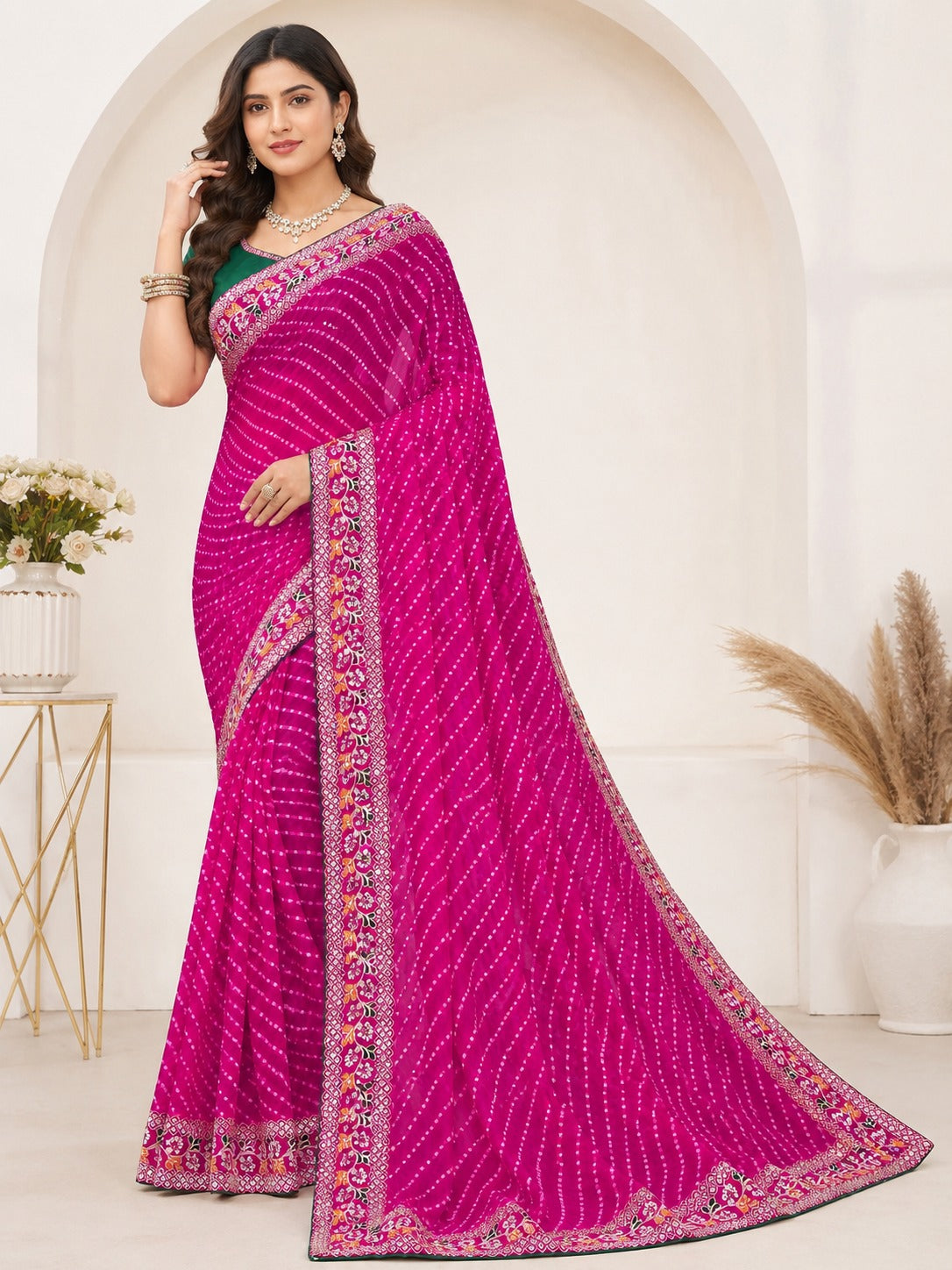 Pink Leheriya Printed Saree with Embroidered Lace Border & Green Blouse Piece