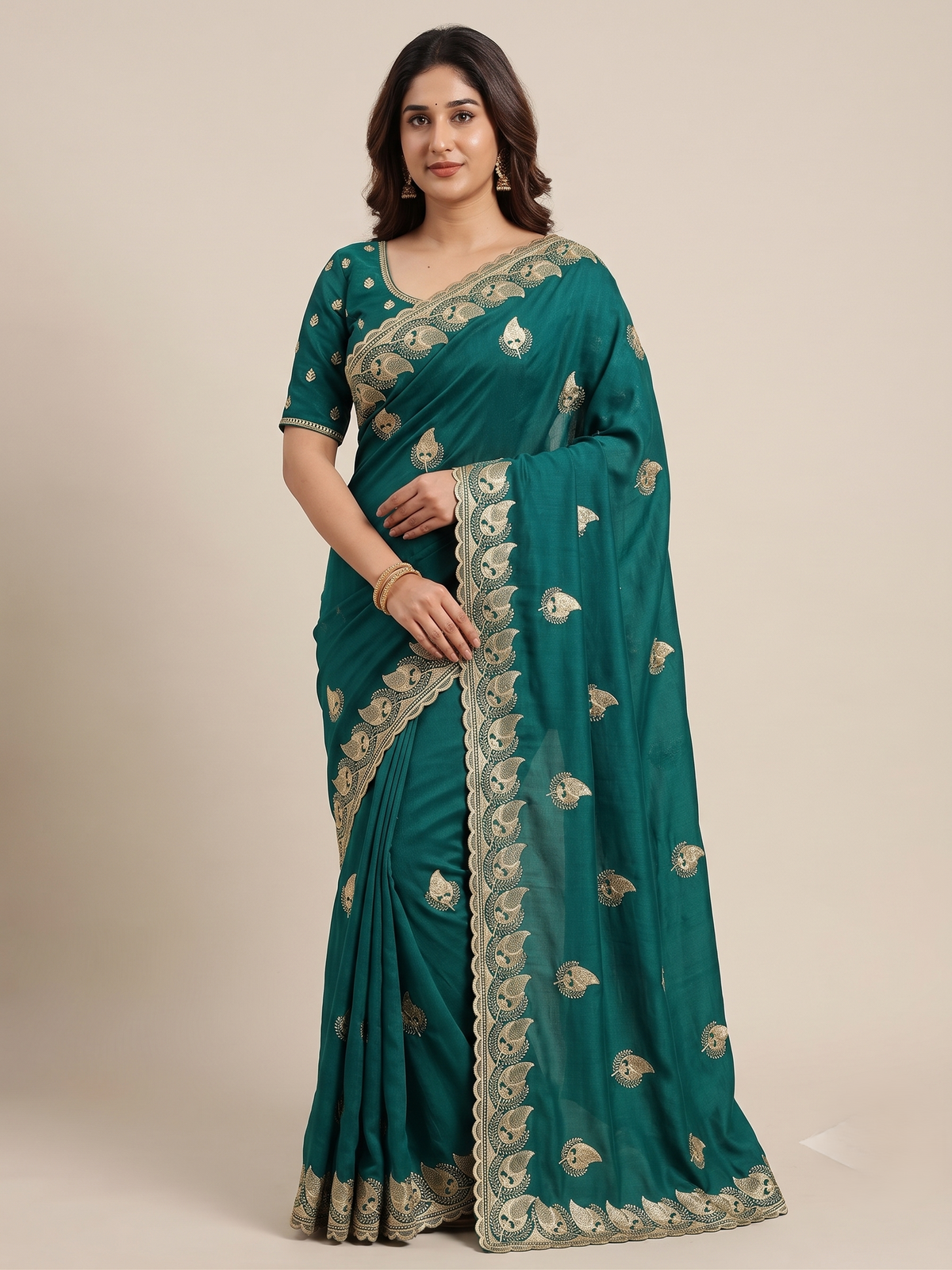 Zegoom Teal Satin Silk Saree with Gold Paisley Embroidery