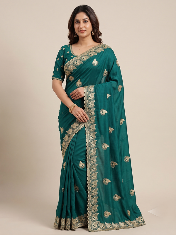 Zegoom Teal Satin Silk Saree with Gold Paisley Embroidery