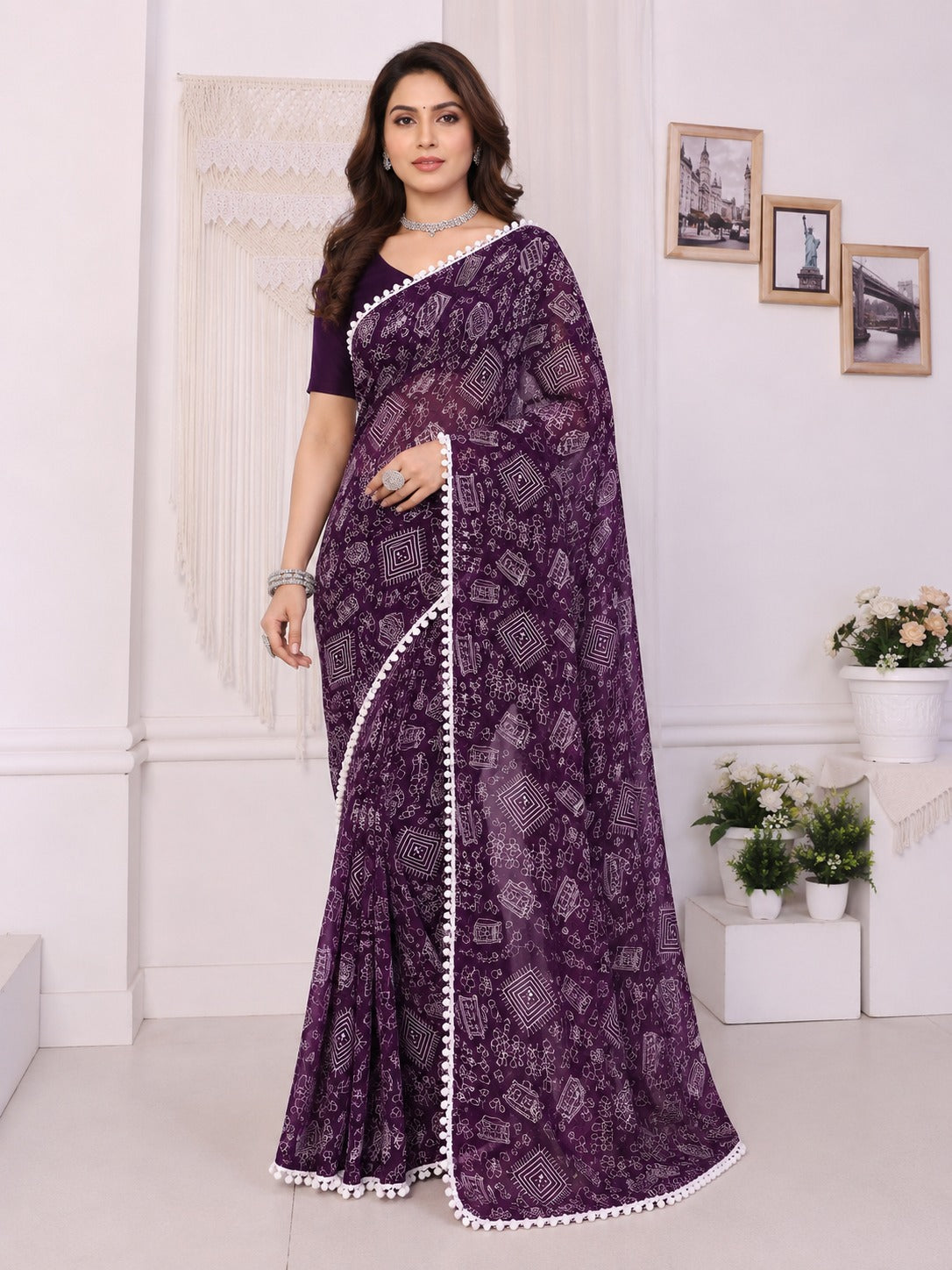Purple Tribal Print Saree with White Pom-Pom Lace Border