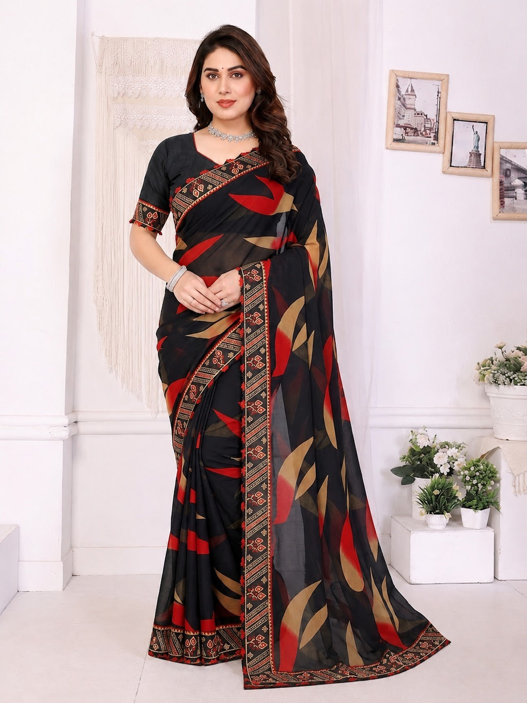 Black Floral Printed Saree with Ethnic Border Design