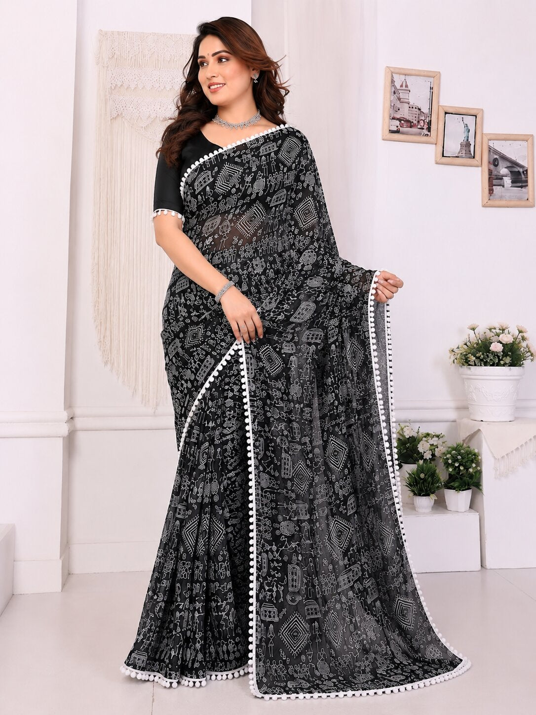Black Printed Saree with White Pattern & Pom Pom Border