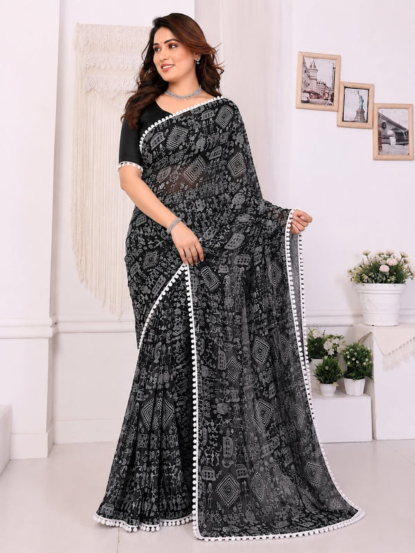 Black Printed Saree with White Pattern & Pom Pom Border