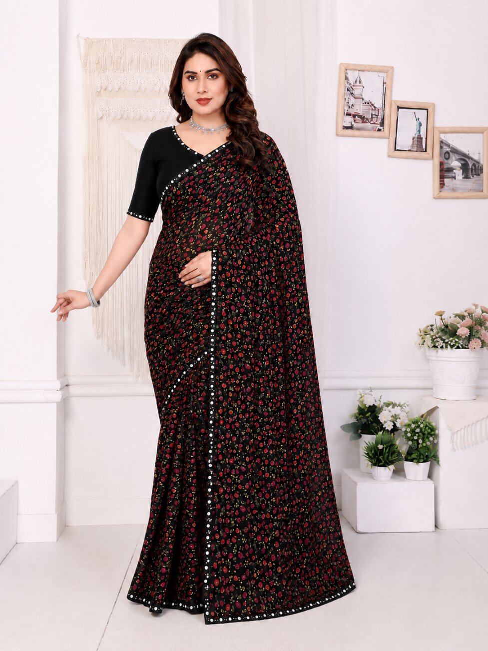 Black Floral Printed Saree with Sequin Mirror Border