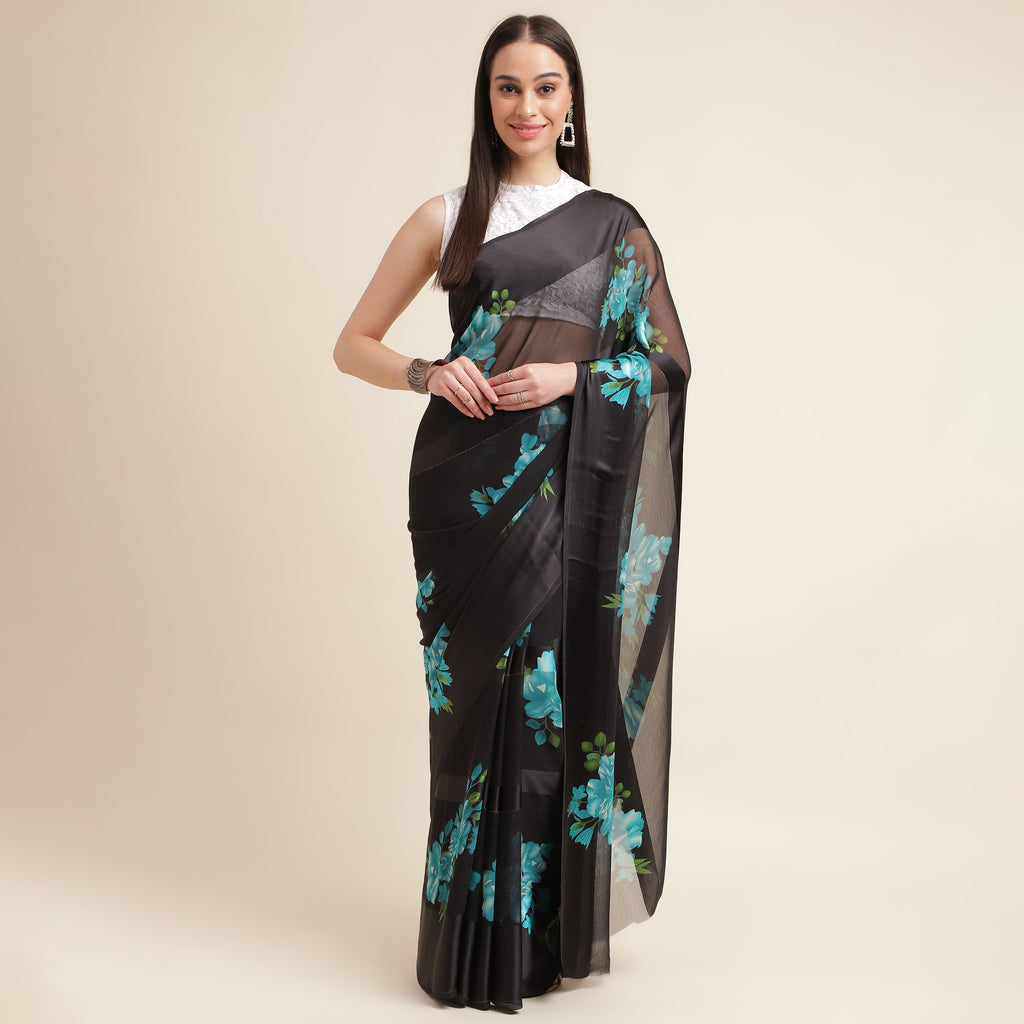Green Floral Printed Georgette Saree With Sequin Border And Unstitched Blouse