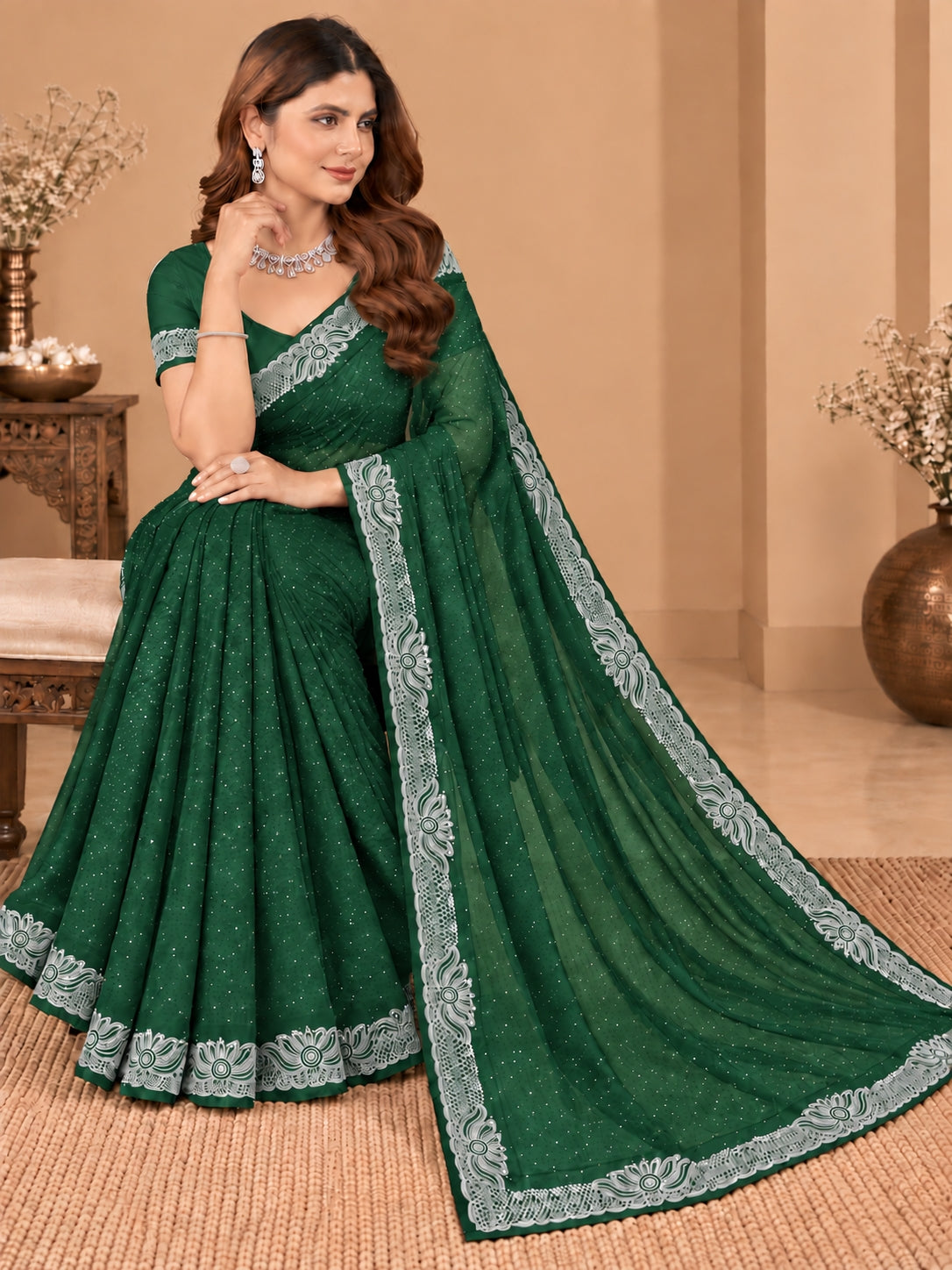 Women's Green Stone Work Saree with Floral Lace Border