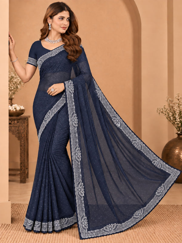 Women's Navy Blue Stone Work Saree with Floral Lace Border