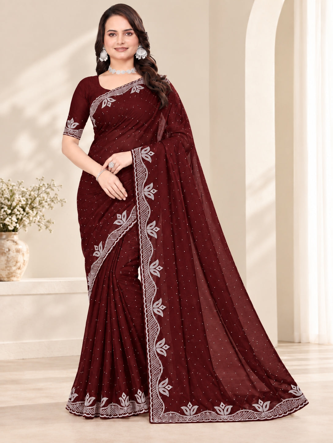 Maroon Stone Work Georgette Saree with Embroidered Lace Border