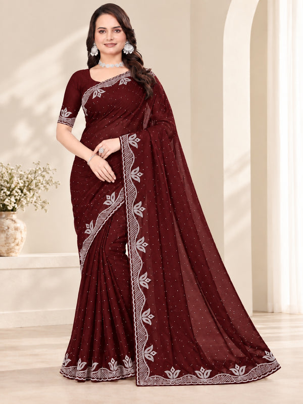Maroon Stone Work Georgette Saree with Embroidered Lace Border