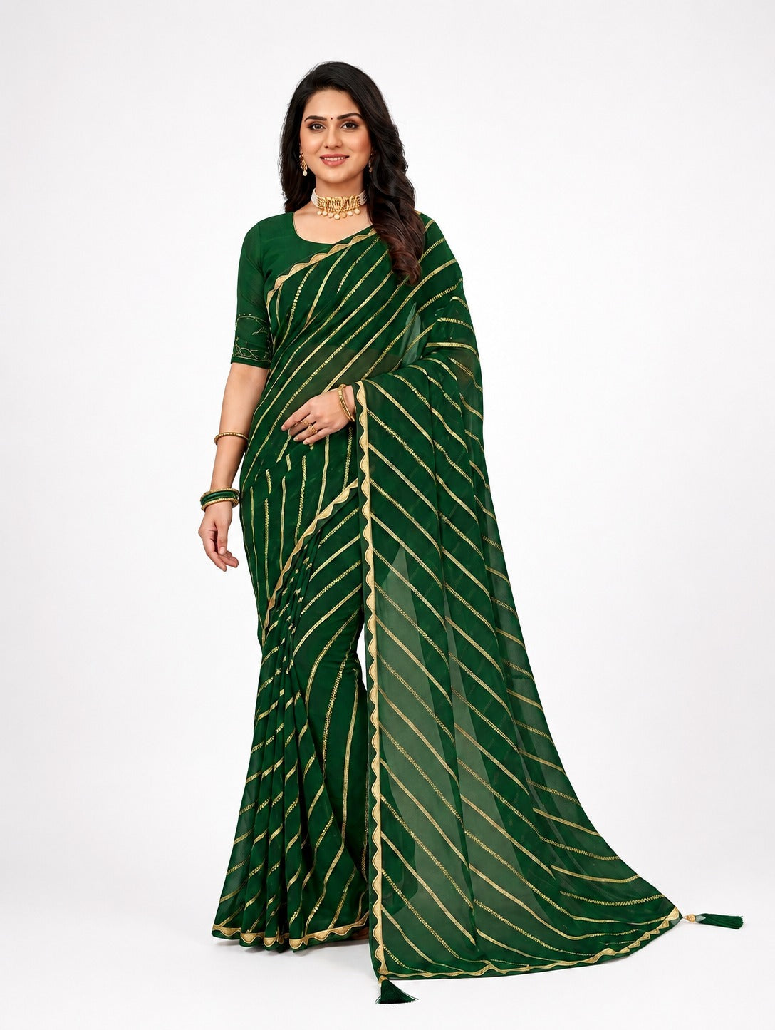 Green Saree with Golden Stripe Design