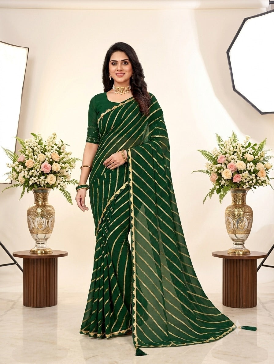 Green Saree with Golden Stripe Design