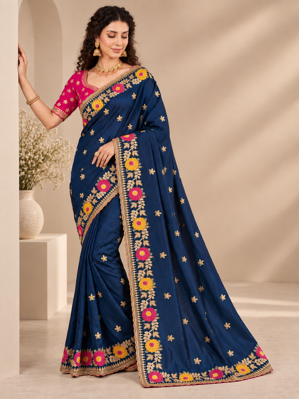 Designer Navy Blue Floral Embroidered Saree with Fancy Border Work