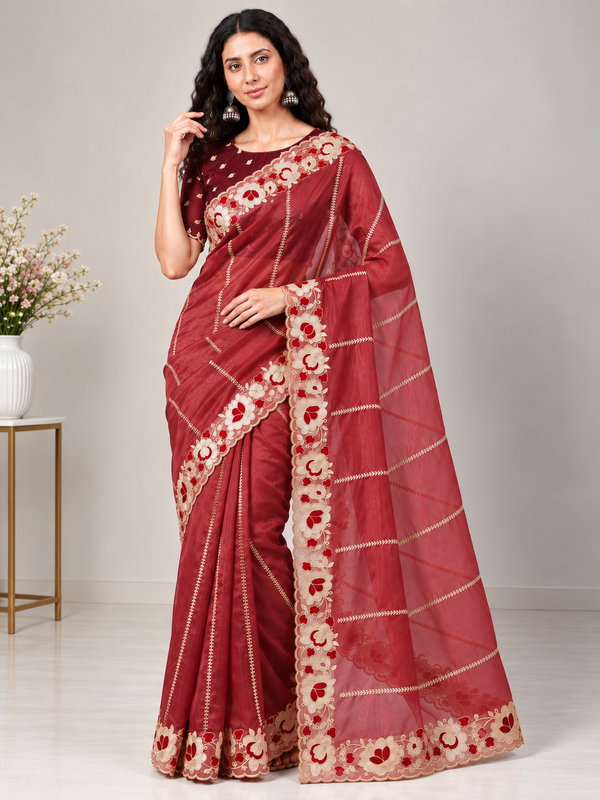 Zegoom Red Satin Silk Saree with Floral Embroidery & Scalloped Border