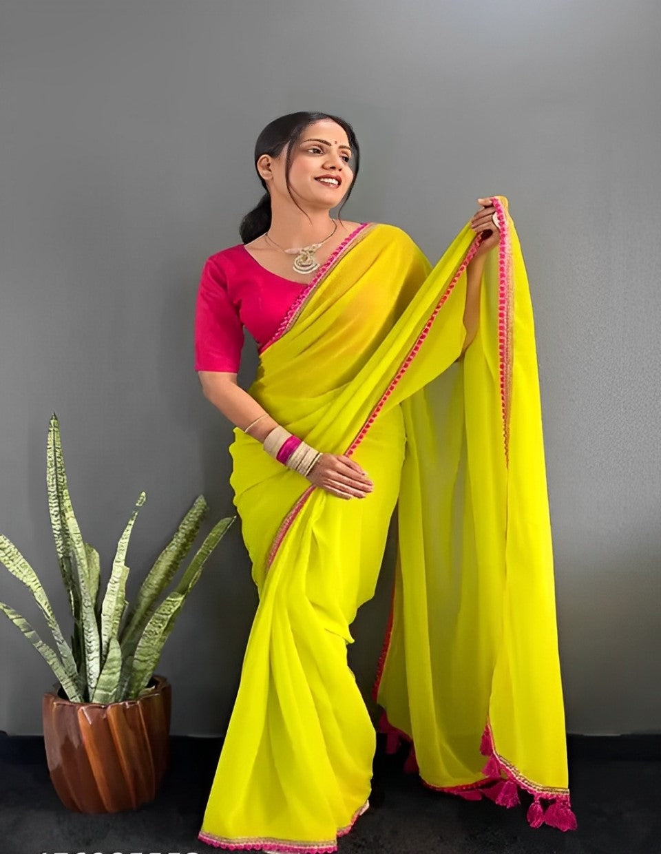 Women's Solid Plain Green And Pink Georgette Saree With Blouse and Fancy Lace Saree with Tussles Work, Unstitched Blouse