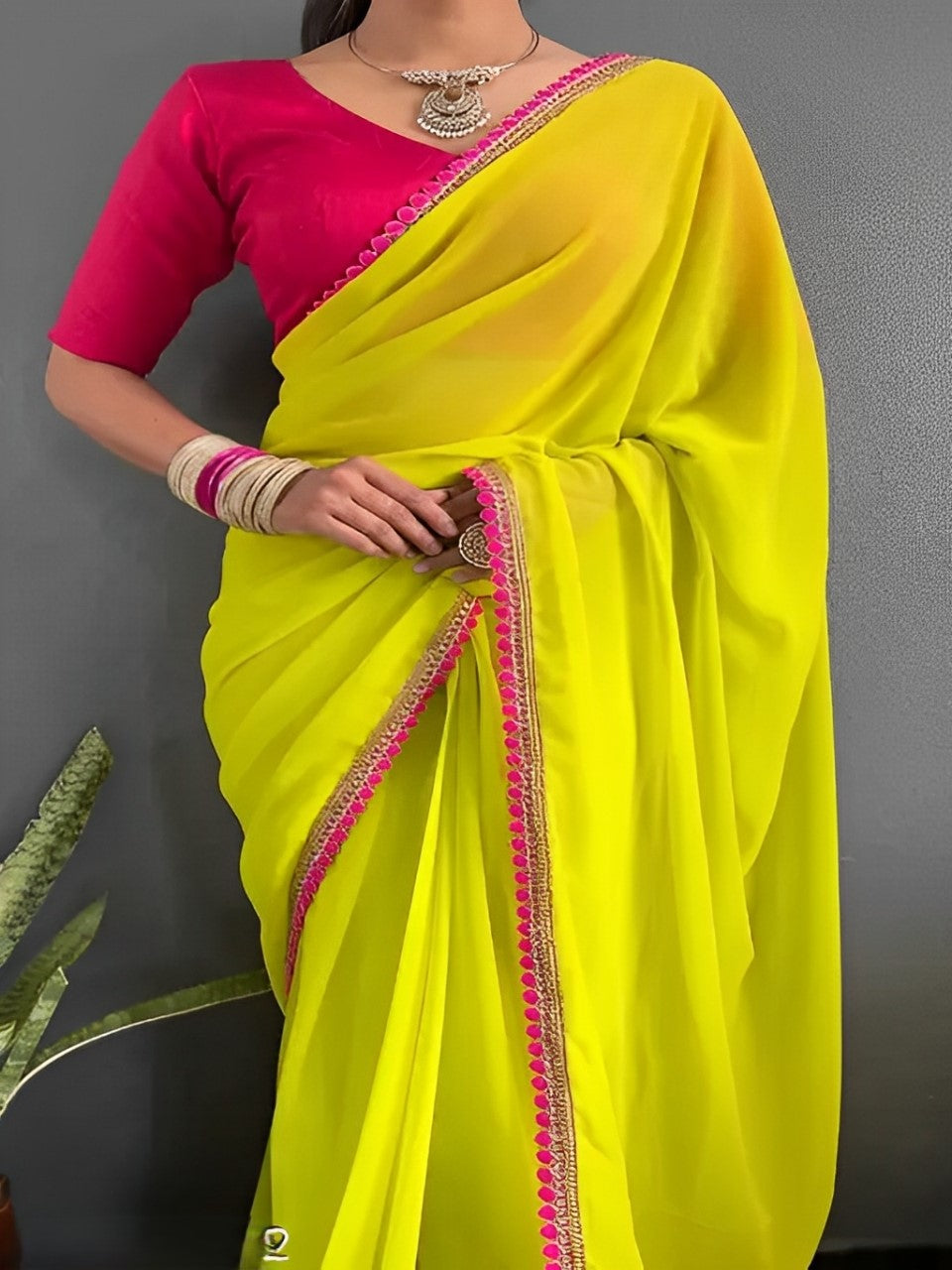 Women's Solid Plain Green And Pink Georgette Saree With Blouse and Fancy Lace Saree with Tussles Work, Unstitched Blouse