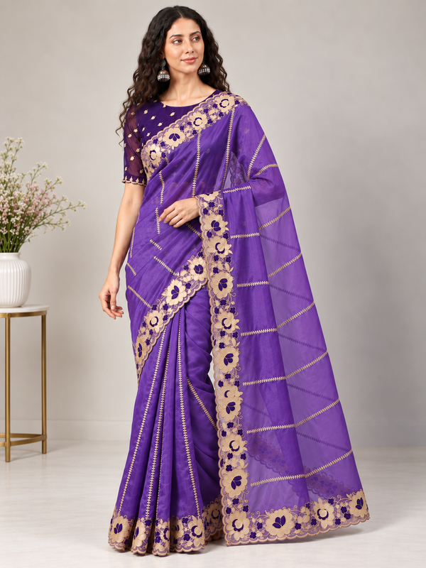 Zegoom Jambali Satin Silk Saree with Floral Embroidery & Scalloped Border