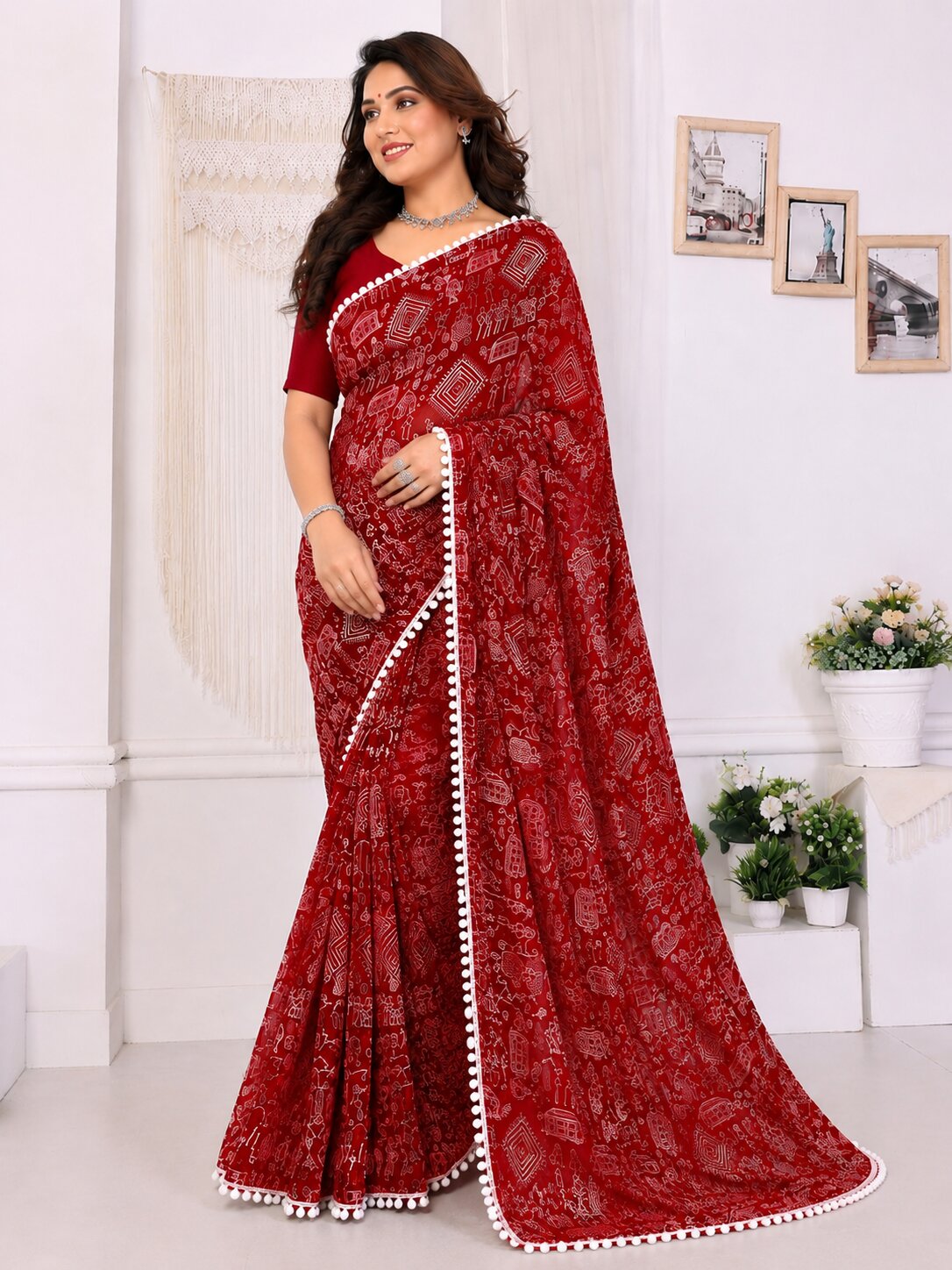 Red Tribal Print Saree with White Pom-Pom Lace Border