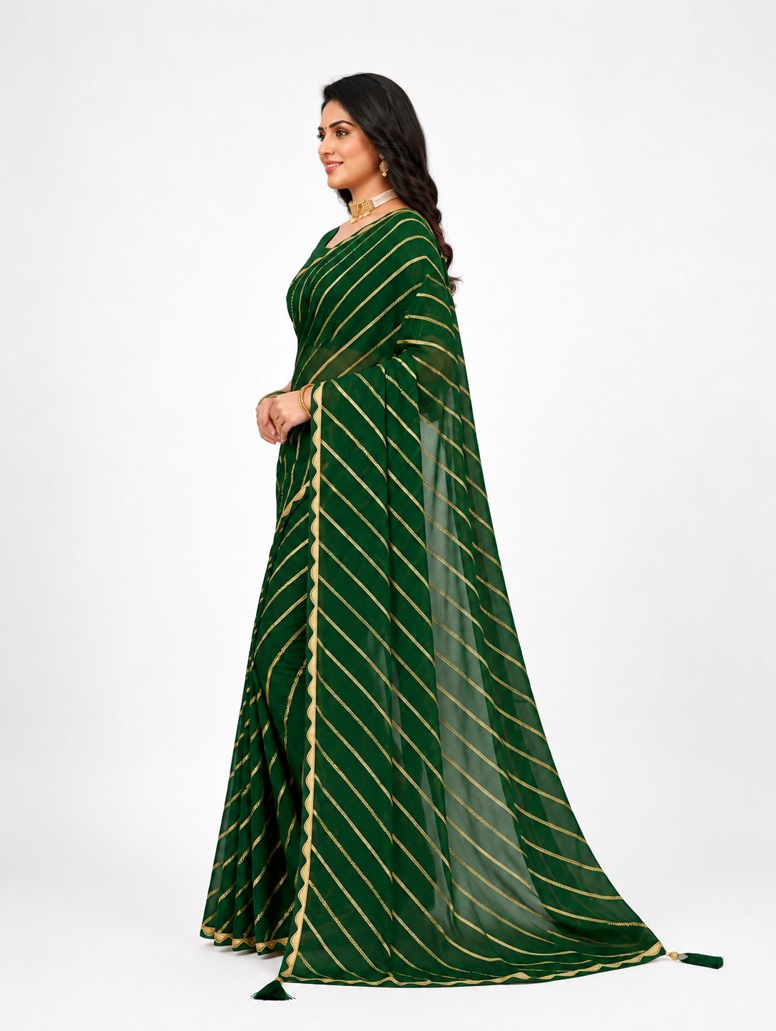 Green Saree with Golden Stripe Design