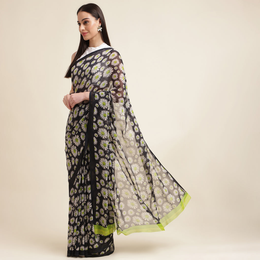 Georgette print Saree With Cotton Lace