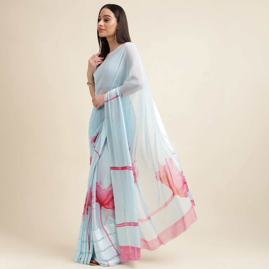 Magenta Pink Floral Printed Georgette Saree with Unstitched Blouse