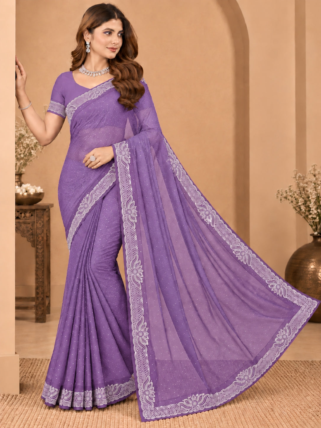 Women's Lavender Stone Work Saree with Floral Lace Border