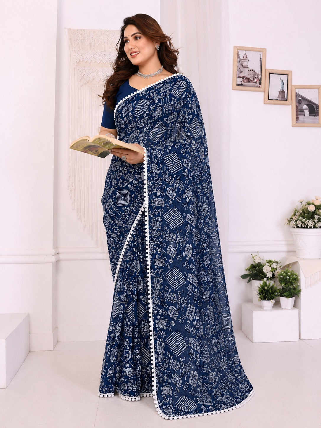 Navy Blue Tribal Print Saree with White Pom-Pom Lace Border