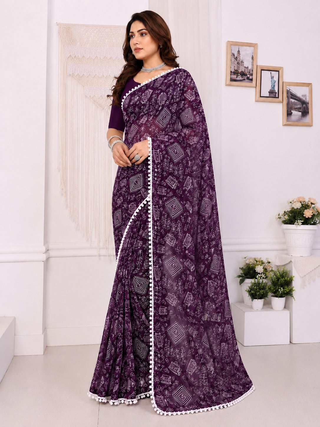 Purple Tribal Print Saree with White Pom-Pom Lace Border