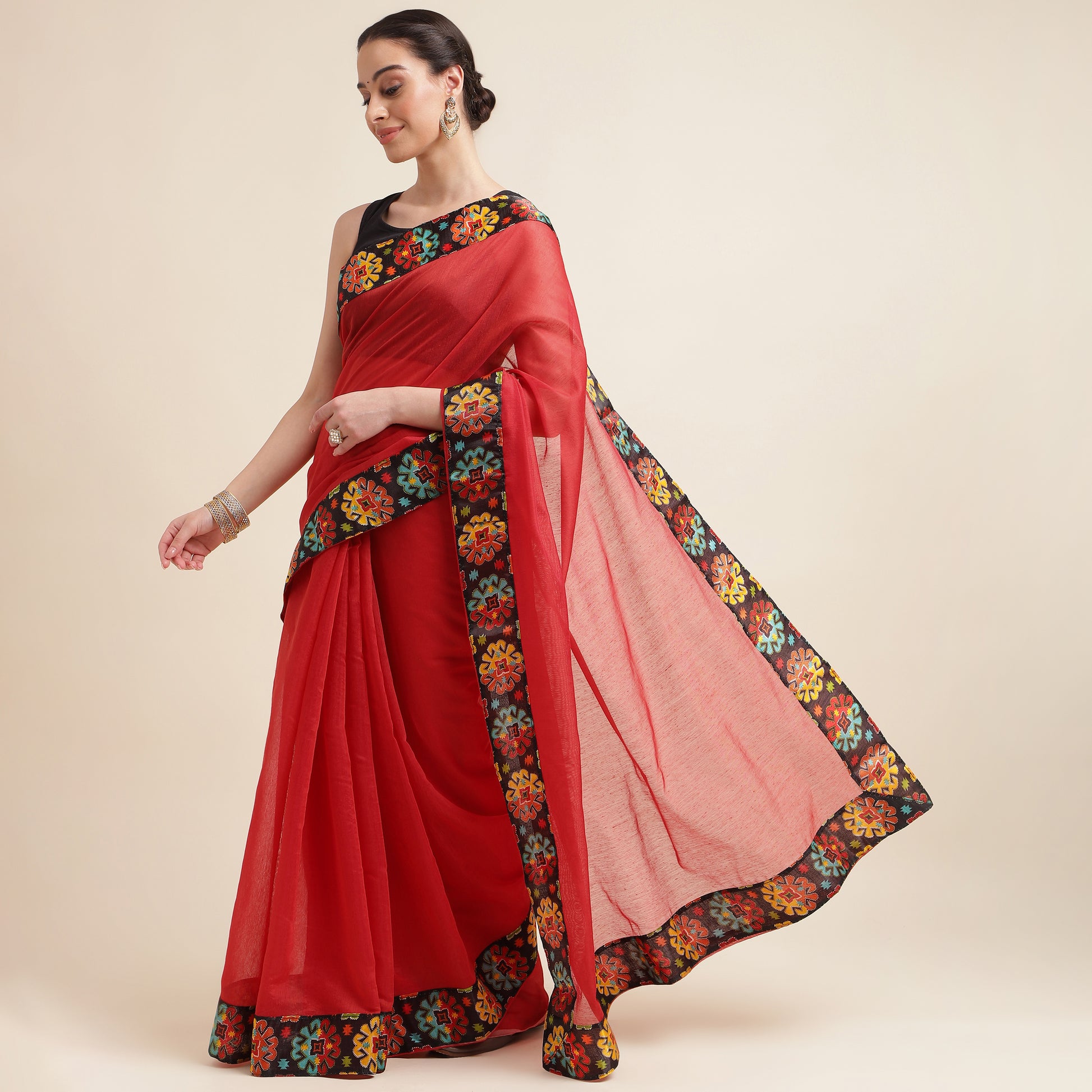 Chanderi Cottton Red Lace border Saree With blouse