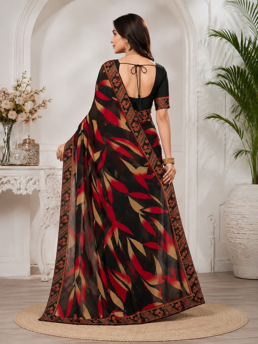 Black Floral Printed Saree with Ethnic Border Design