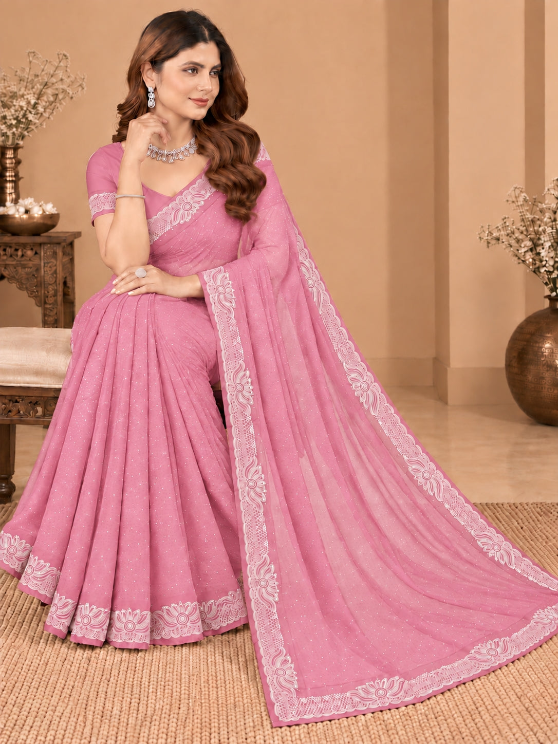 Women's  Baby Pink Stone Work Saree with Floral Lace Border